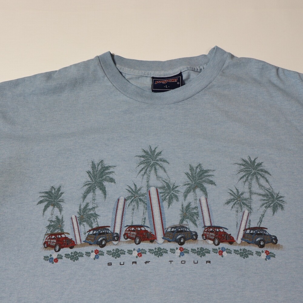 Vintage 90's JanSport Surf Tour Graphic Tee Large Light Blue Palm Tree Woody Car